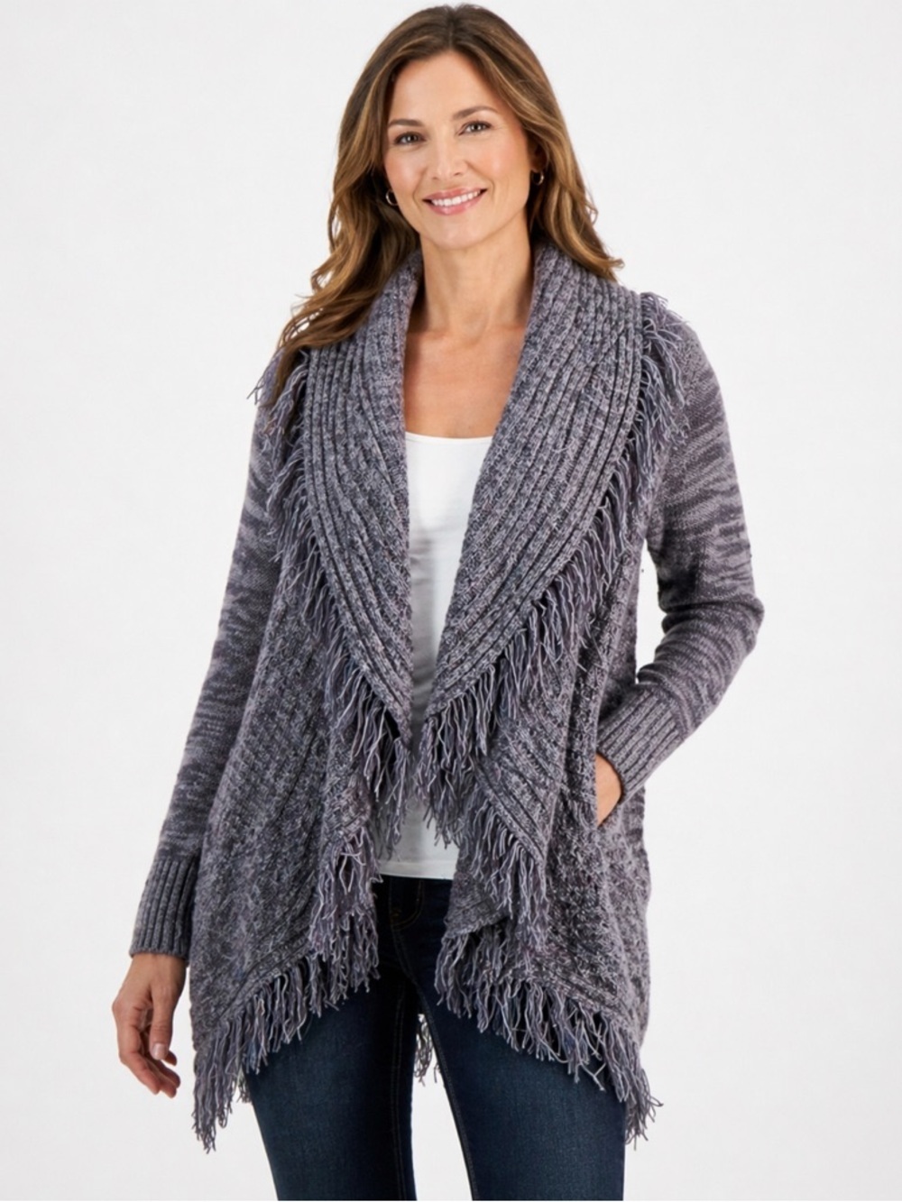 Style & Co Gray Fringe Open Front Cardigan cozy weather Sweater Size PM